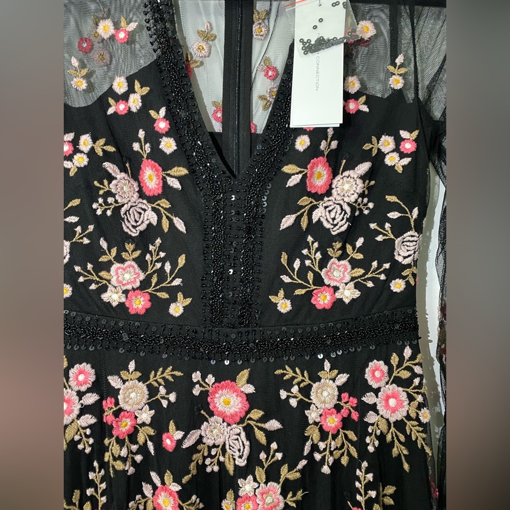 French Connection Eve midi dress with embroidery and mesh detailing in black - Picture 6 of 11